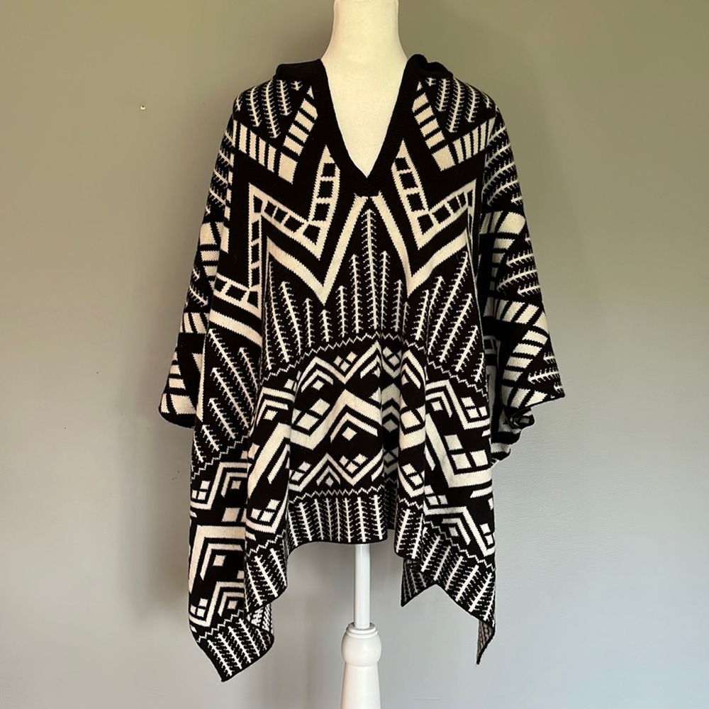 Express Black and White Poncho with Solid Black Hood, One Size